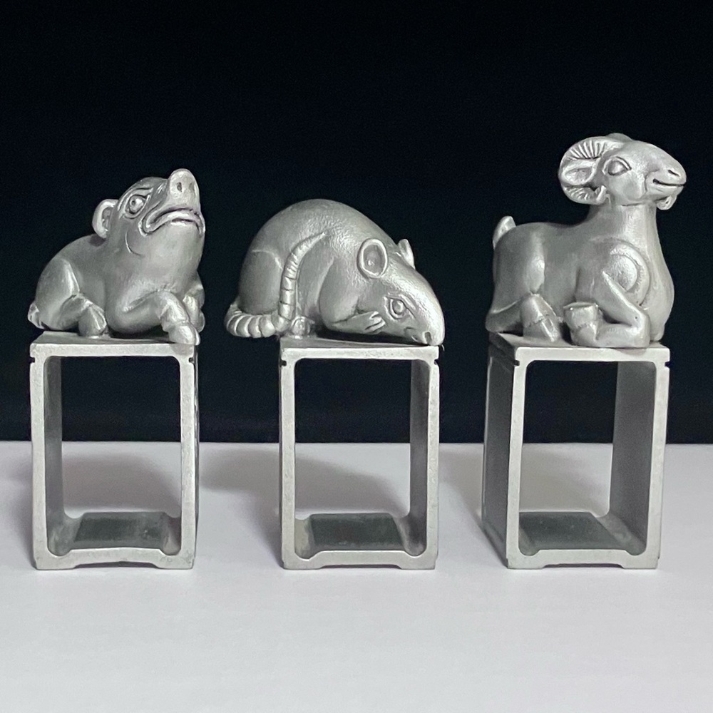 3 TUMASEK PEWTER Napkin Holders / CHINESE ZODIAC / Rat, BOAR, Goat / MALAYSIAN